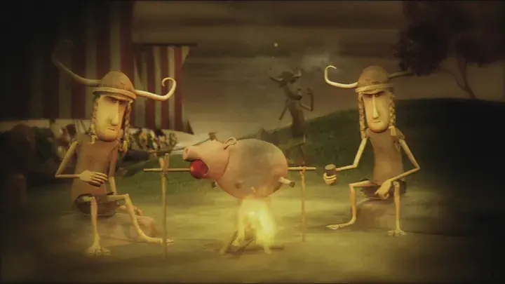 Animated scene with historical figures and animals around a campfire.
