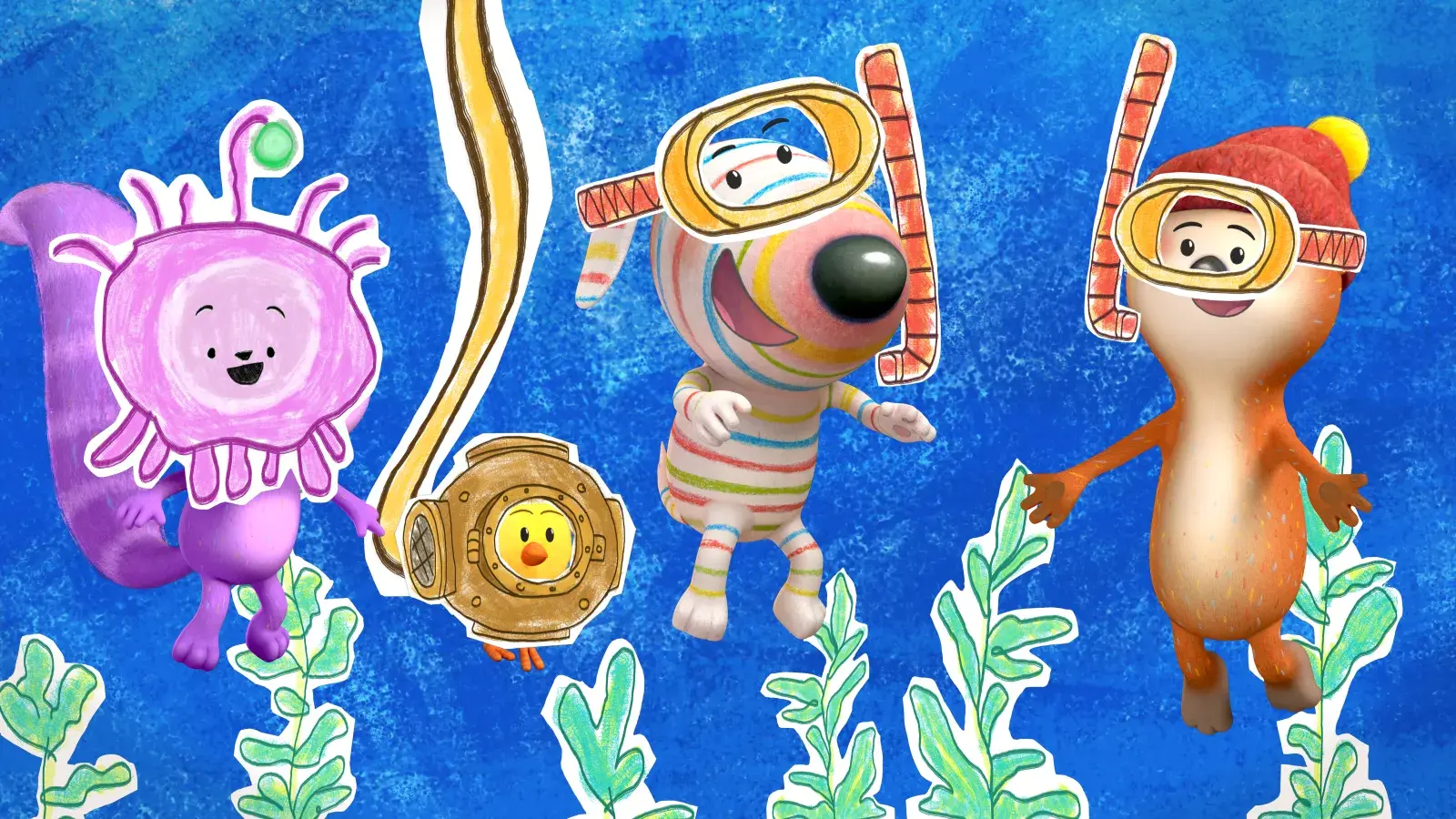 Dylan's Playtime Adventures: Characters dressed as divers interact with sea creatures in an underwater scene.