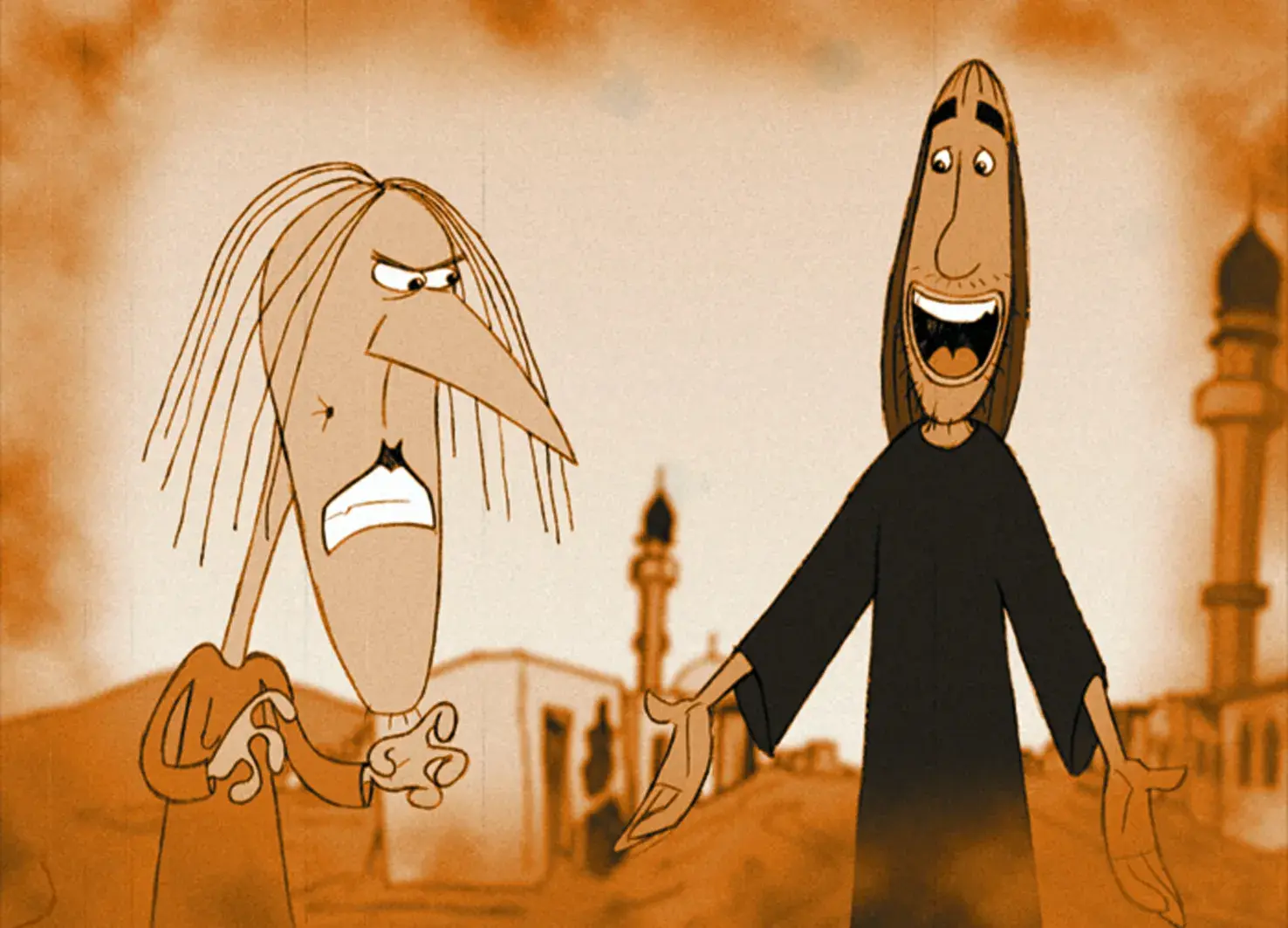 Two animated characters, one with long hair and the other in dark clothing, standing outdoors with a tower in the background.
