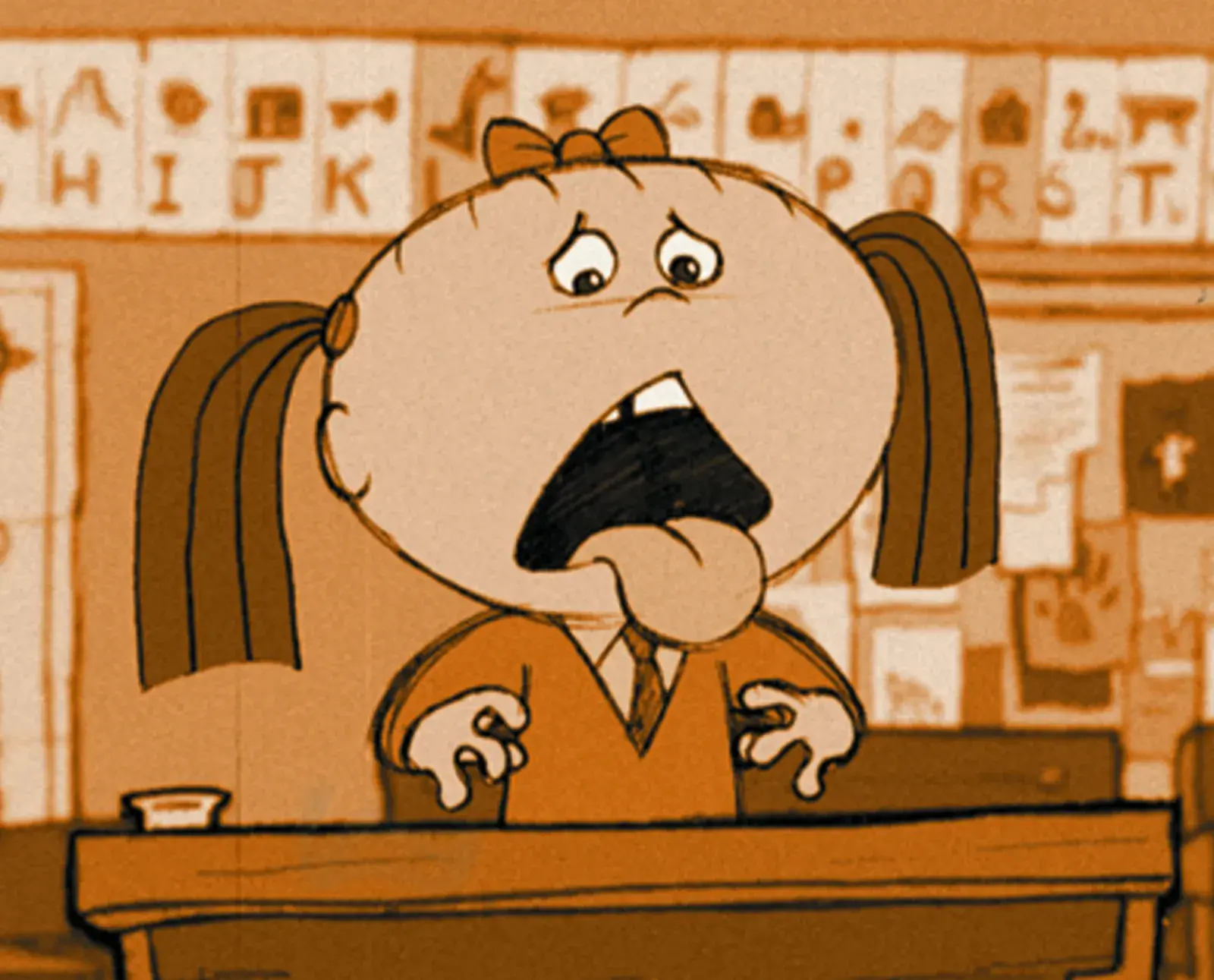 A still from animated short film Give Up Yer Aul Sins featuring a school girl at her desk