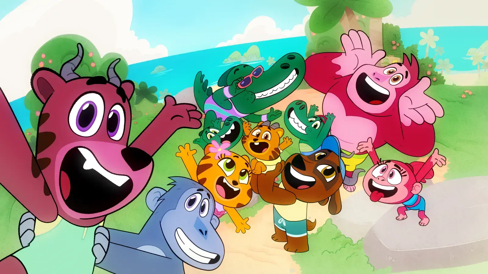 Let's Go, Bananas!: Group of characters pose happily together on a beach.