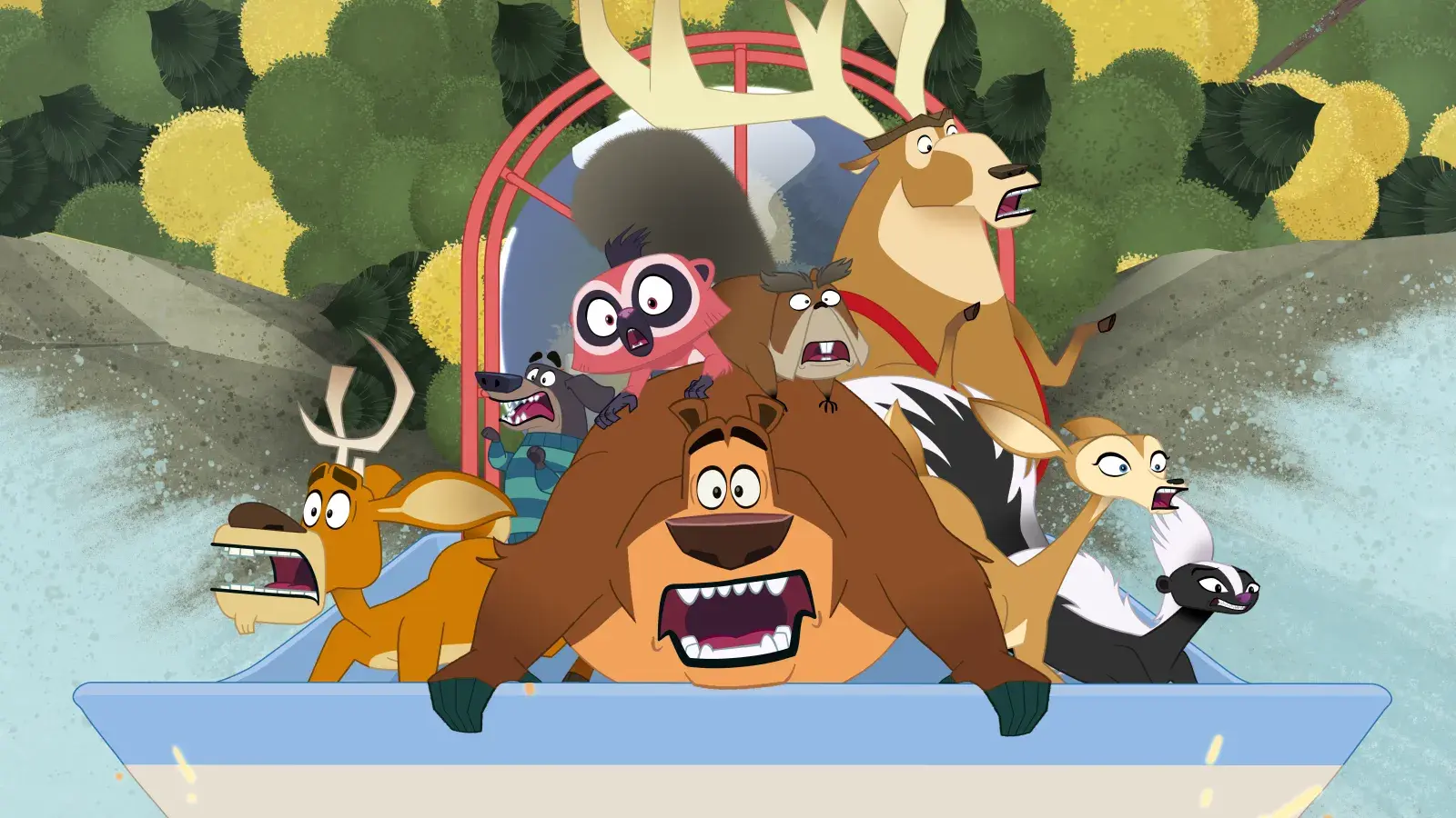 Open Season: Call of Nature: Bear and deer ride logs down a river.