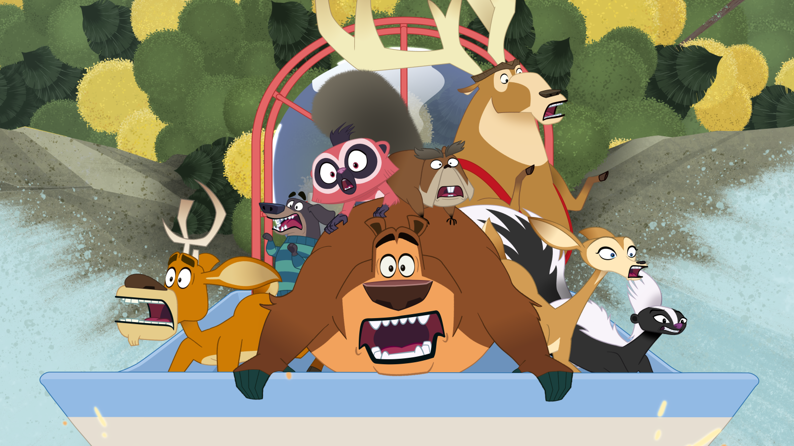 Open Season: Call of Nature: Bear and deer ride logs down a river.