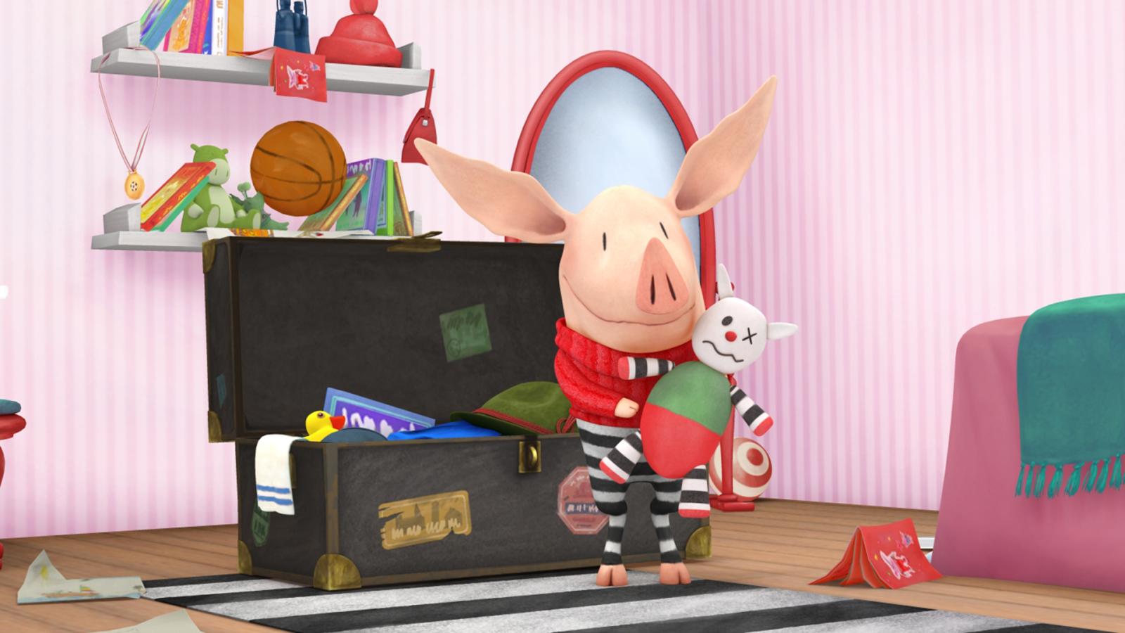 The character of Olivia the pig and her toy inside a room filled with objects, sitting together at a desk or table.