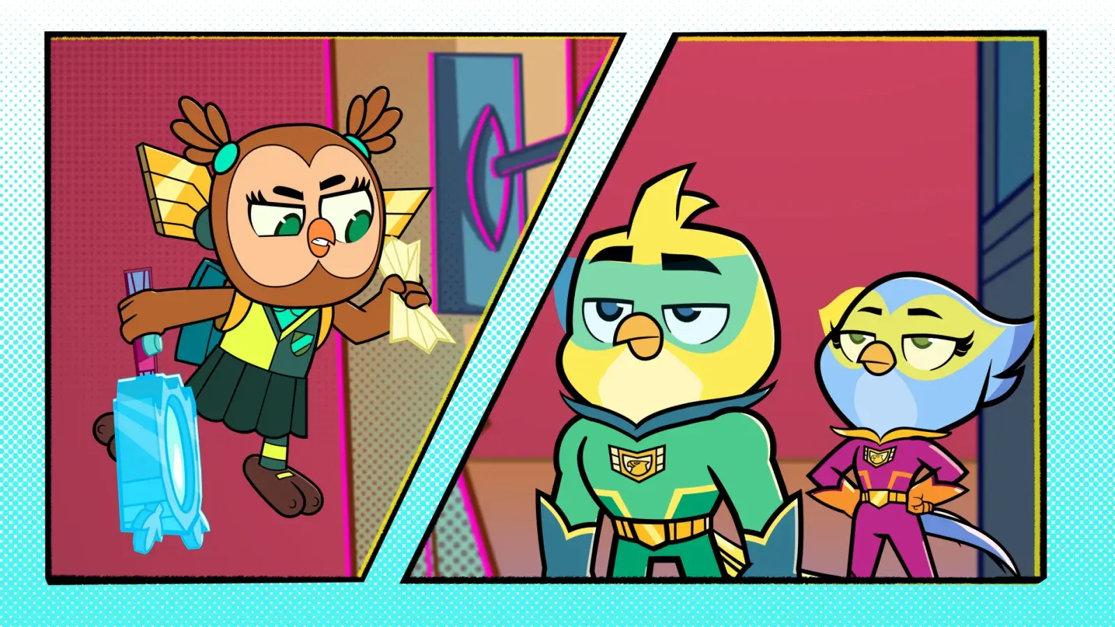 Ace and Polly with Minerva in a comic book style panel