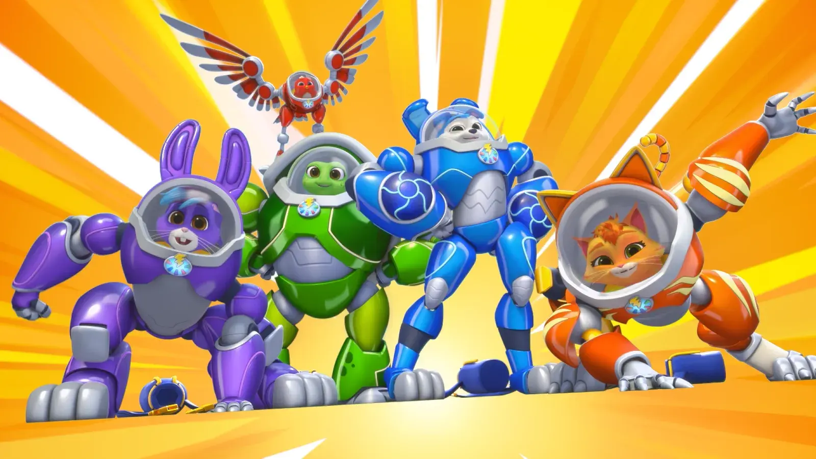 Hopper, Shelly, Wingo, Booster and Allie in their Robo-suits in hero poses