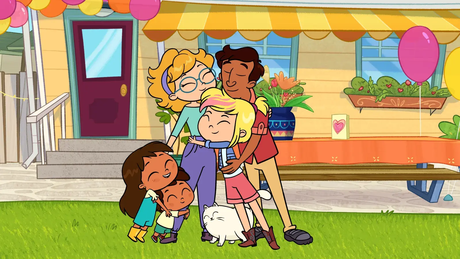 Rosie's Rules: A group of characters stand outside near balloons.