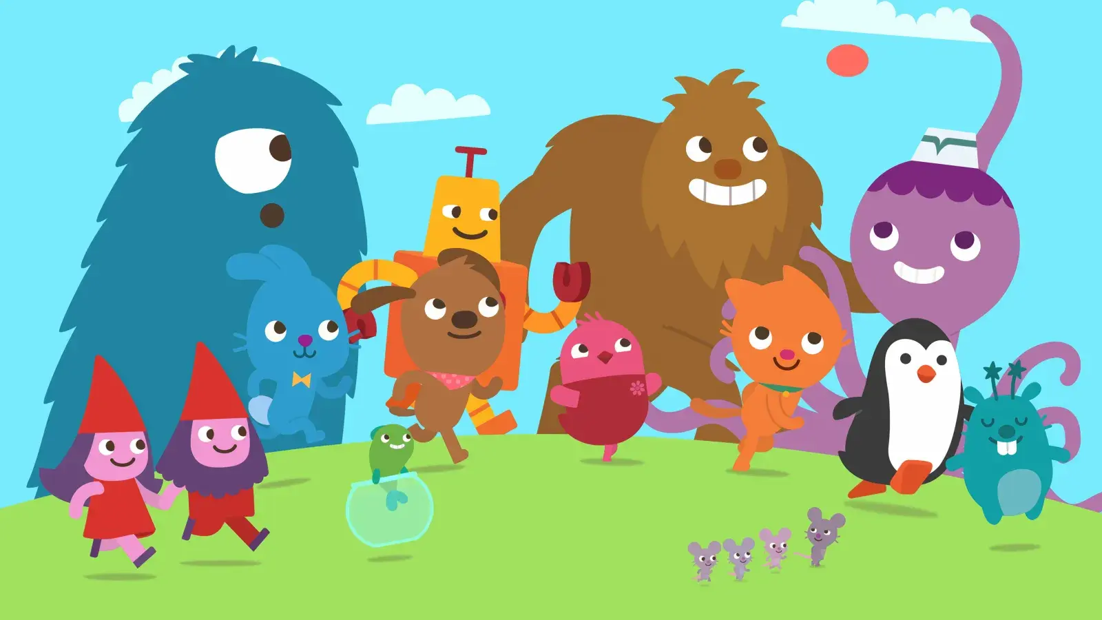 Sago Mini Friends: Characters dance happily indoors.