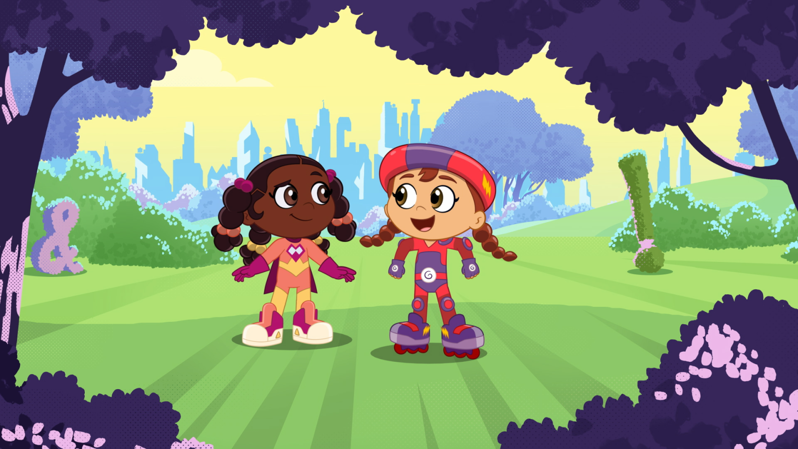 Super Why's Comic Book Adventures: Two characters stand together in a park-like setting.