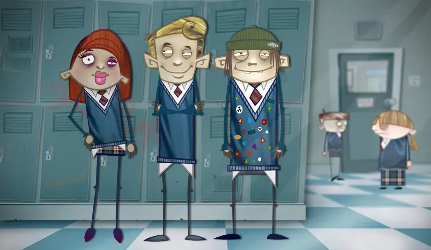 3 characters from Teenology standing in front of their school lockers