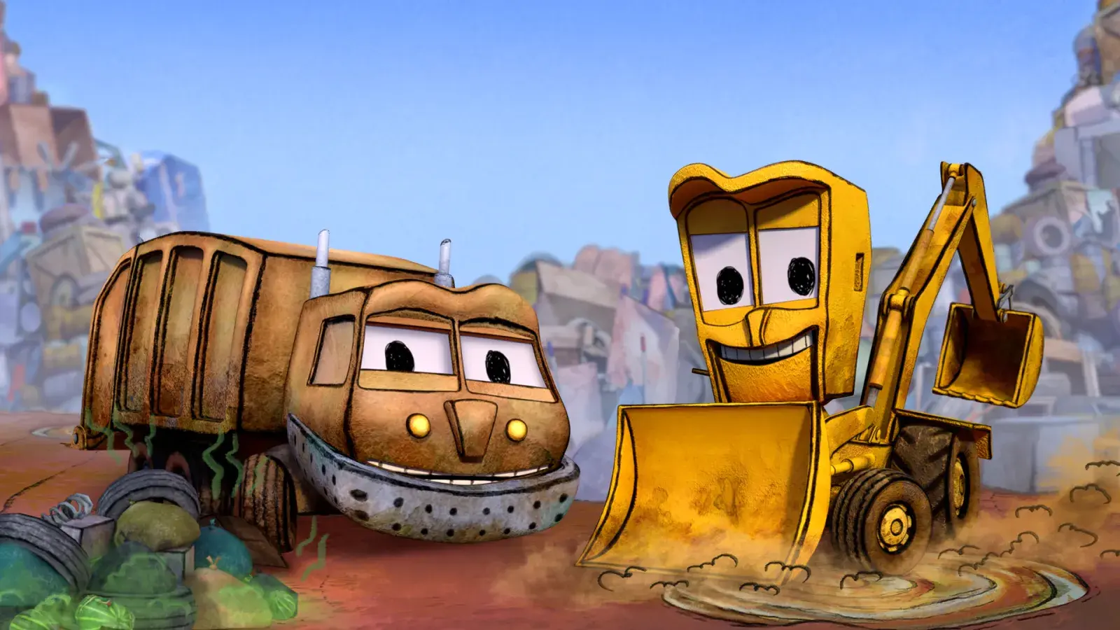 Poster for The Stinky & Dirty Show. Stinky, a garbage truck, and Dirty, a backhoe loader are standing together in a junkyard