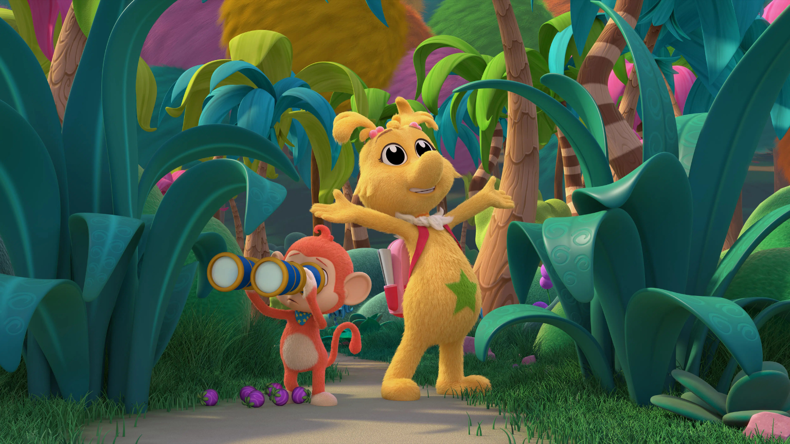 A Sneetch standing in lush, colorful vegetation, looking off to the side. Next to a monkey using binoculars.