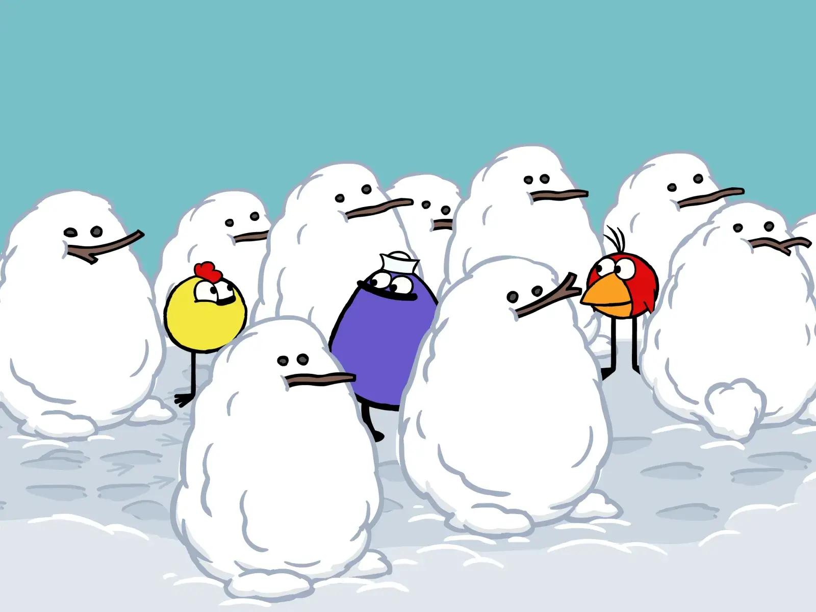 Peep and the Big Wide World - Episodic Still - Birds hiding with snowmen.