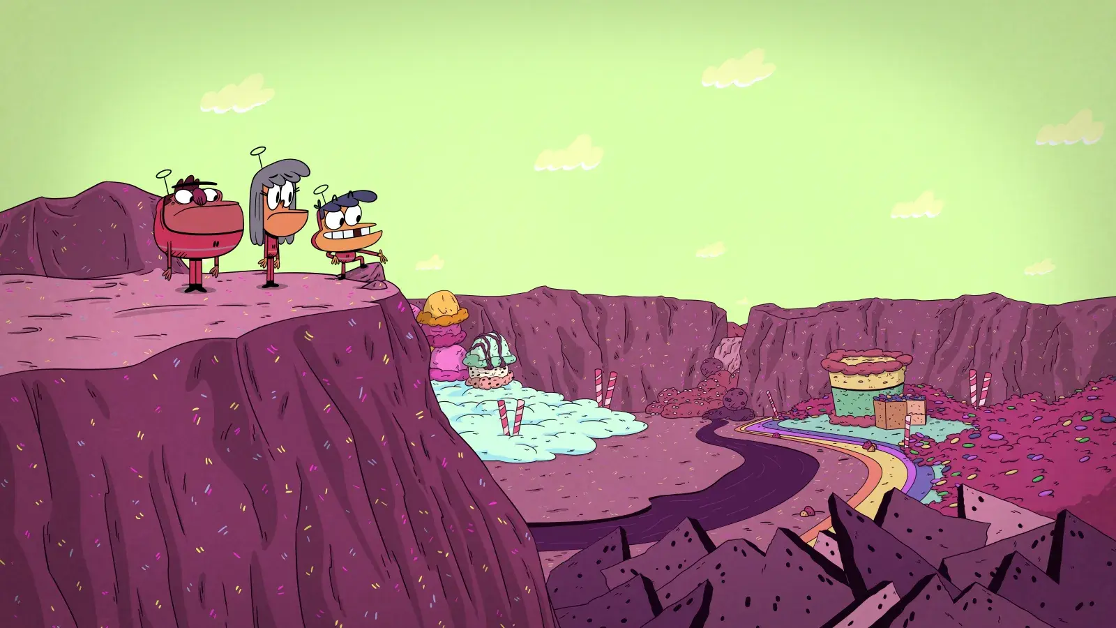 3 Amigonauts episodic still - three characters look out over a cliff