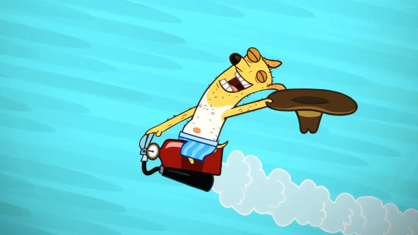 Almost Naked Animals episodic still - Character surfing on a wooden board in bright blue water, tropical background visible.