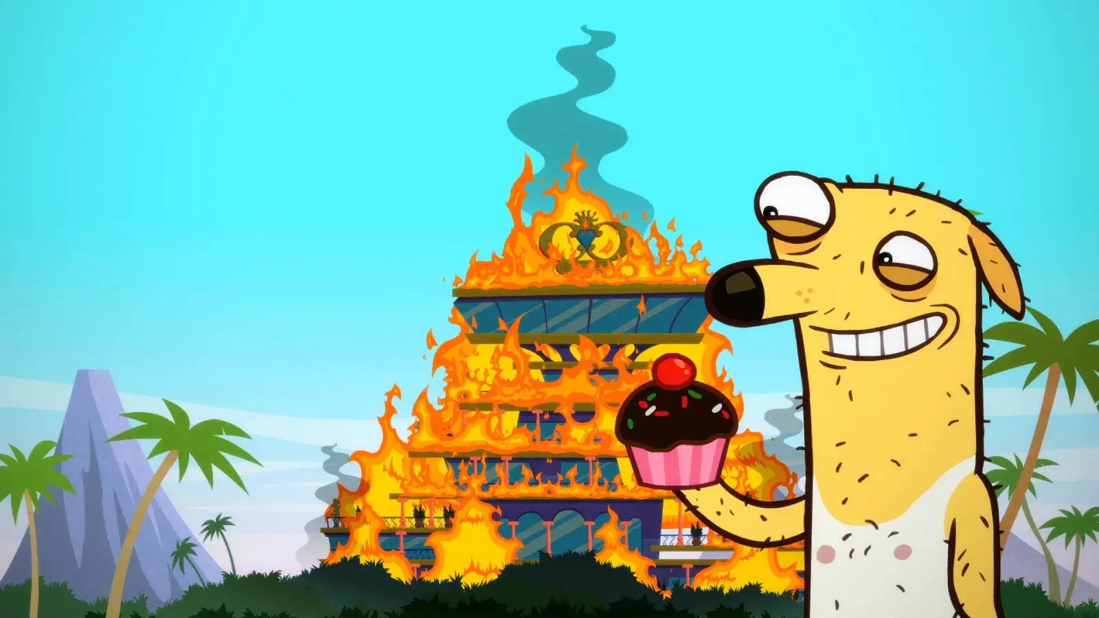 Almost Naked Animals episodic still - Yellow dog character standing proudly in front of a golden temple-like structure on fire under a blue sky.