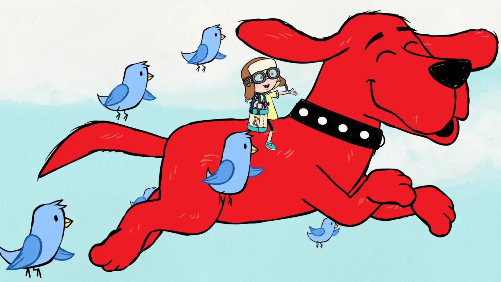 Clifford the Big Red Dog - Episodic Still - Clifford and his friend Emily Elizabeth jump through air with blue birds following close by.