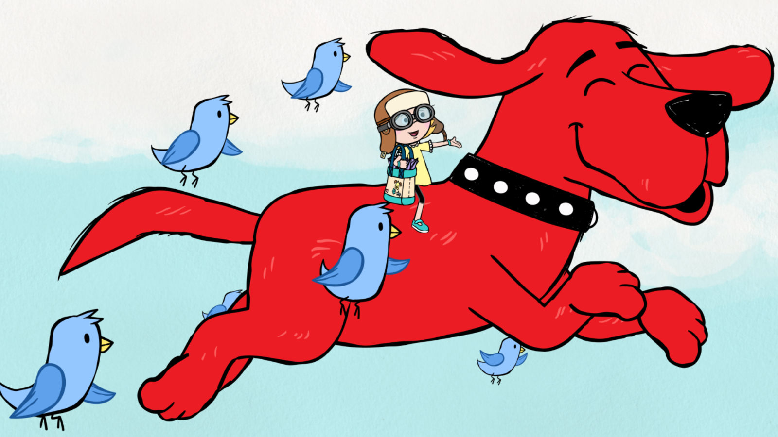 Clifford the Big Red Dog - Episodic Still - Clifford and his friend Emily Elizabeth jump through air with blue birds following close by.