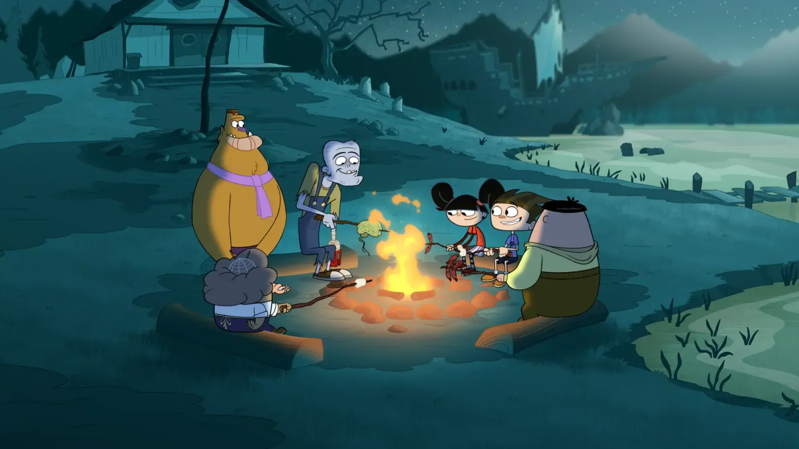 Camp Lakebottom – Episodic Still – Campers huddled around a glowing campfire at night with eerie shadows.