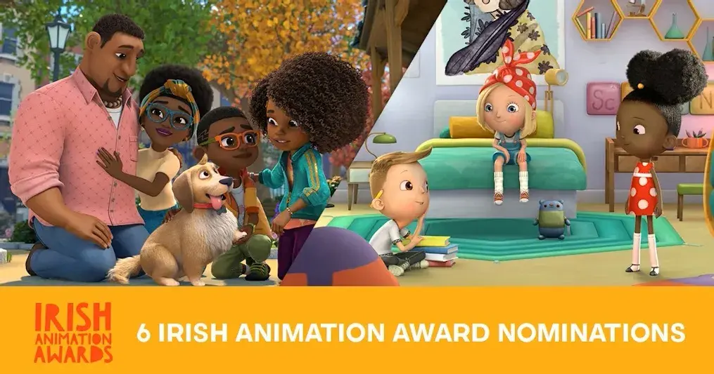 Award nomination graphic for Irish Animation Awards featuring Brown Bag Films logo and text highlighting six nominations across different categories.