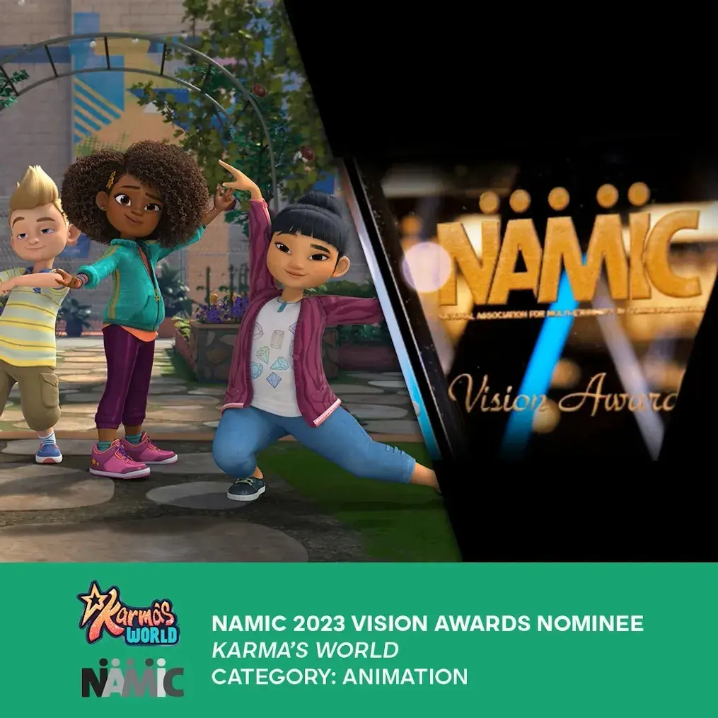 Karma’s World promotional graphic featuring three animated kids posing playfully outdoors, alongside NAMIC Vision Awards logo and text announcing 2023 nomination in the Animation category.