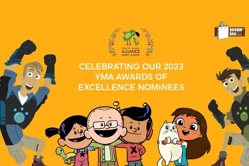 Collage of animated characters from Wild Kratts, Xavier Riddle, and Rosie’s Rules with text celebrating 2023 YMA Awards nominees.