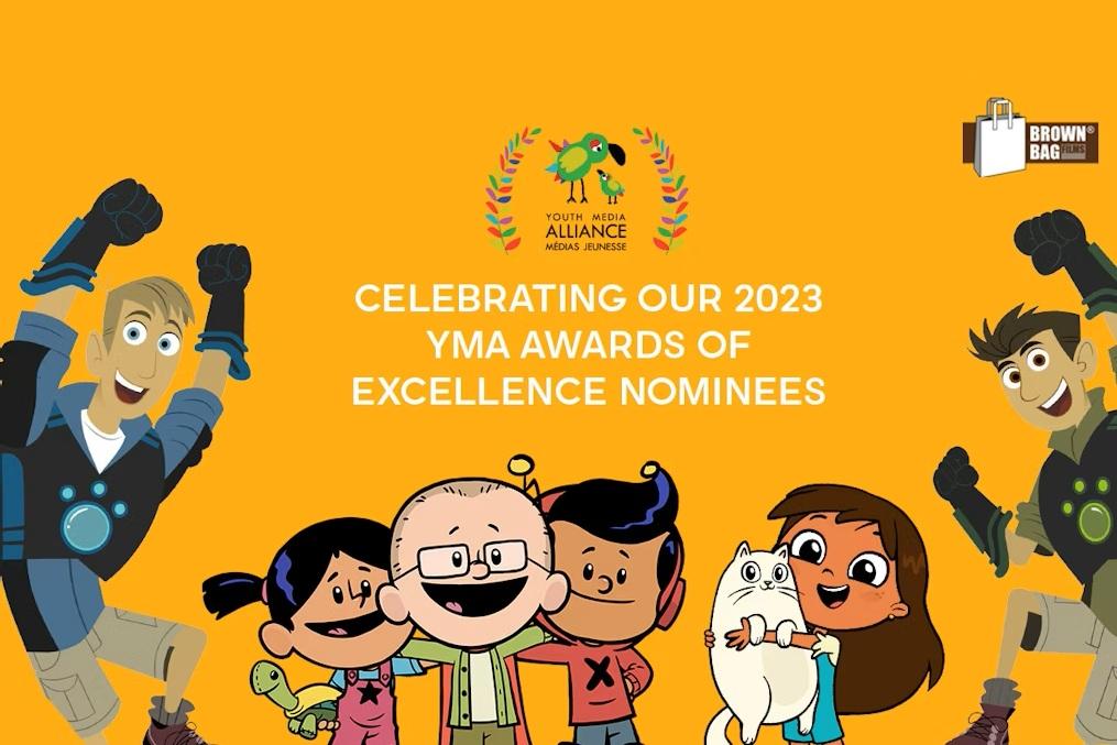 Collage of animated characters from Wild Kratts, Xavier Riddle, and Rosie’s Rules with text celebrating 2023 YMA Awards nominees.