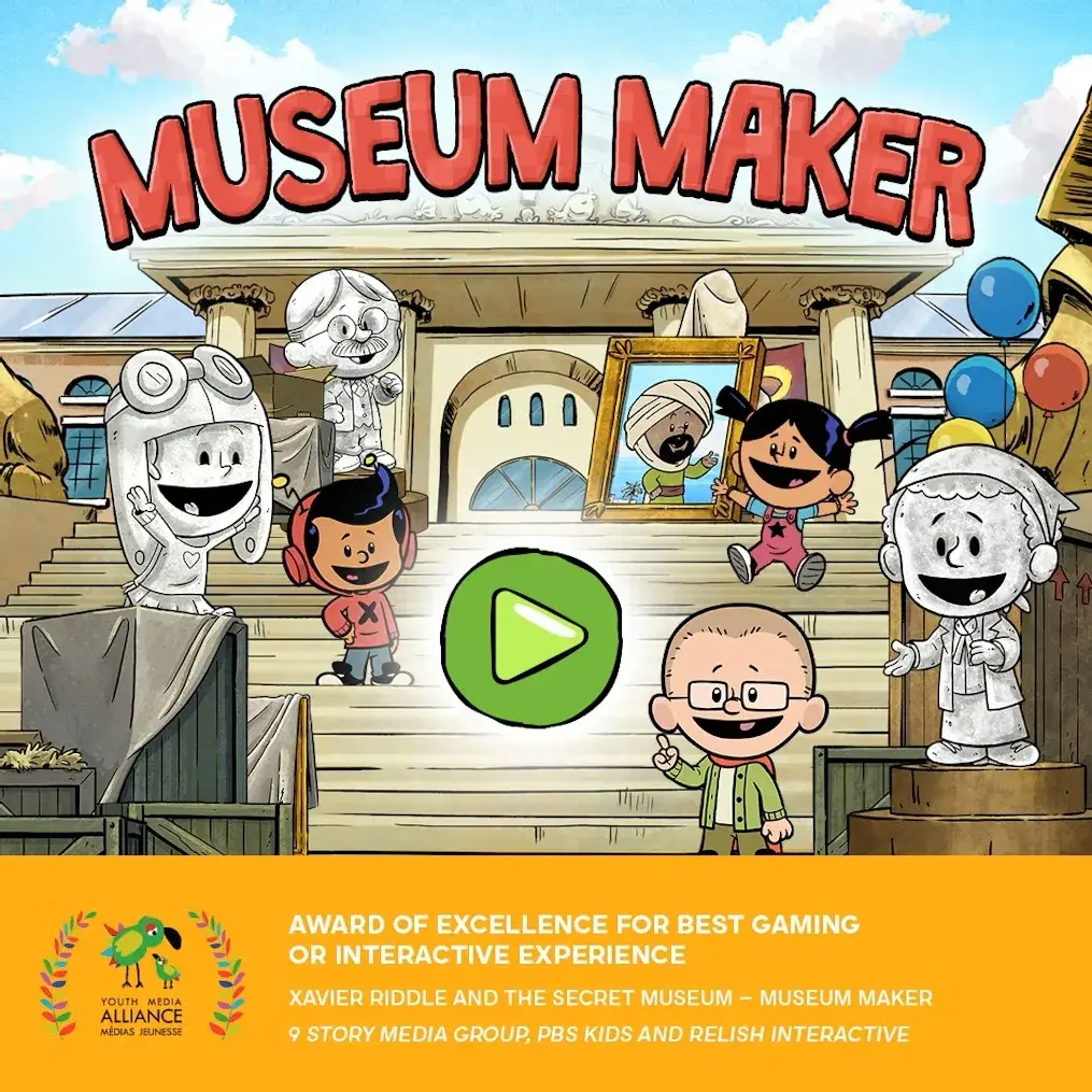 Museum Maker game artwork featuring cartoon characters and historical figures outside a museum with a play button icon.