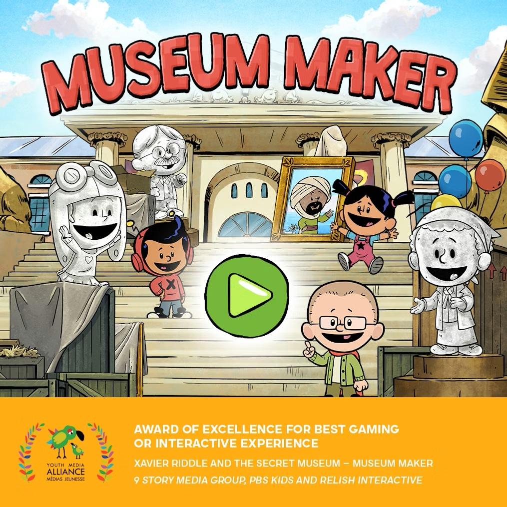 Museum Maker game artwork featuring cartoon characters and historical figures outside a museum with a play button icon.