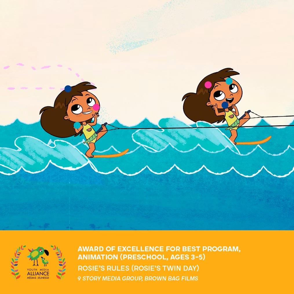Rosie’s Rules illustration showing two girls water skiing on blue waves during Rosie’s Twin Day episode.