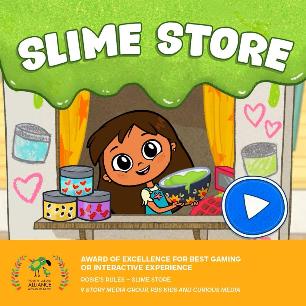 Rosie’s Rules Slime Store game artwork with a girl holding green slime at a colorful stand.