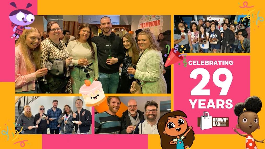 Collage with text “Celebrating 29 Years” alongside group photos of team members at the anniversary event.