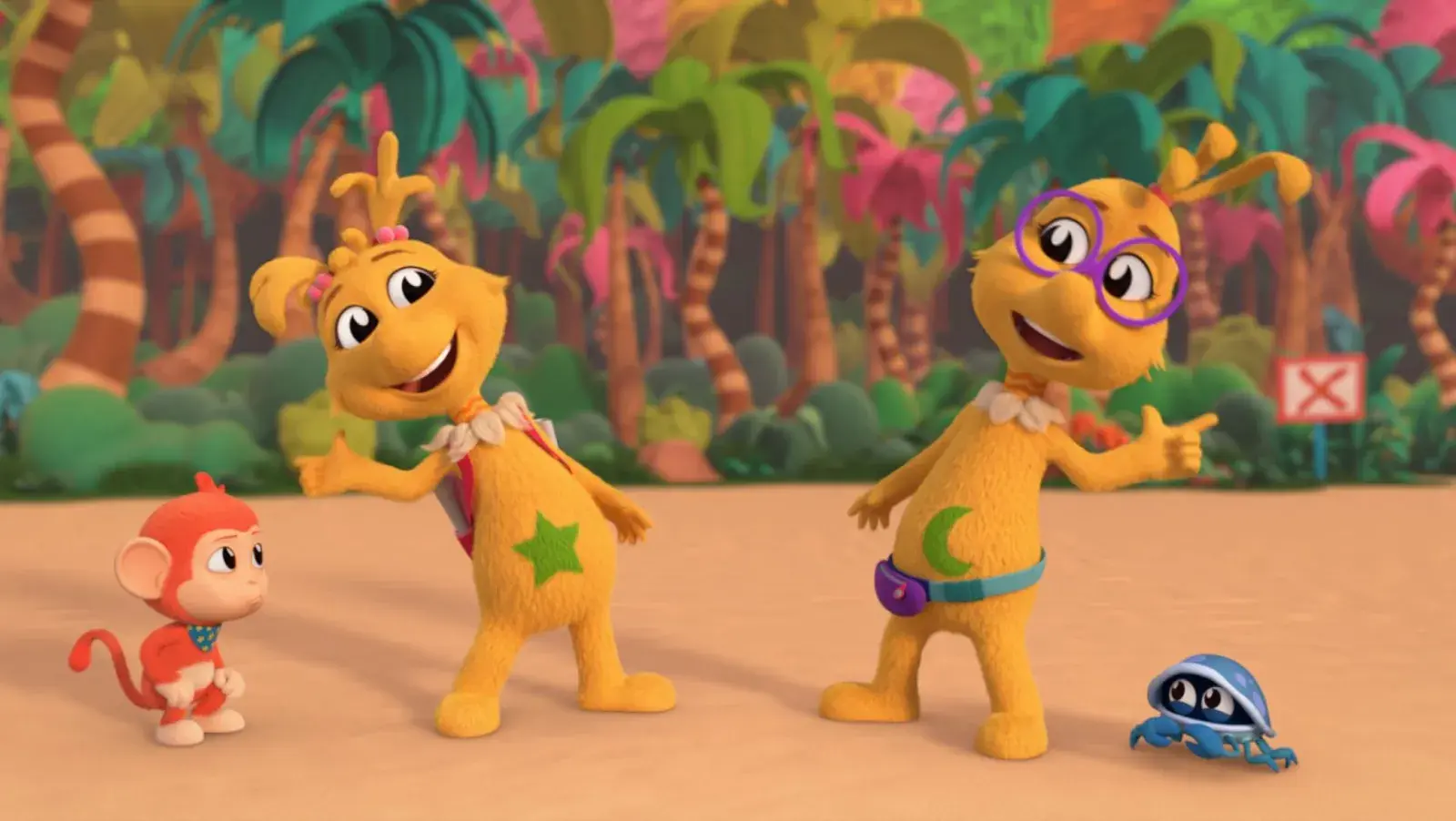 Two main animated characters from The Sneetches with their pets standing on the beach with a jungle in the background.