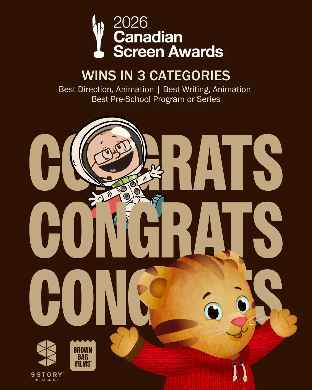 Awards Graphic with the words congrats and Daniel Tiger and Xavier Riddle