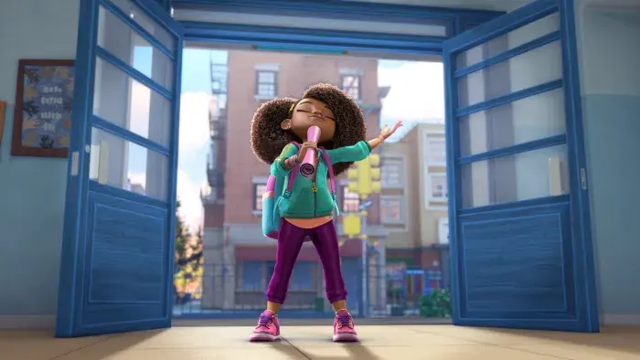 Karma standing in her school doorway