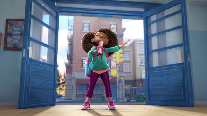 Karma standing in her school doorway