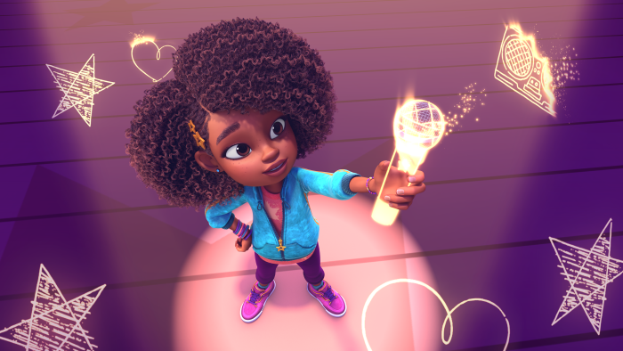 Karma standing on her imaginary stage with her mic raised out