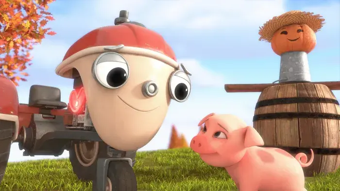 Otis with a pig and an autumnal scene behind them with a pumpkin in a straw hat on a barrel