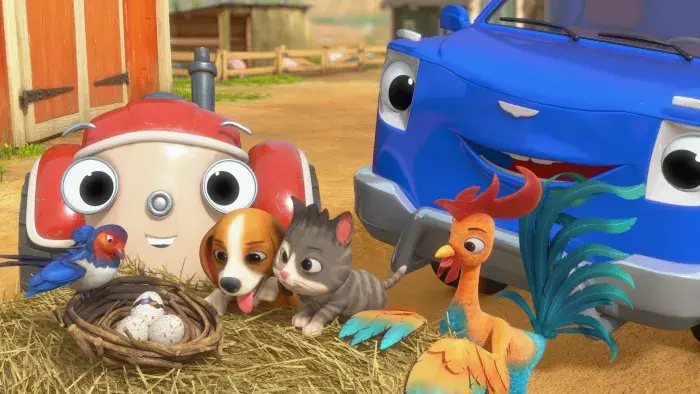 Otis and his friends around a nest with several eggs