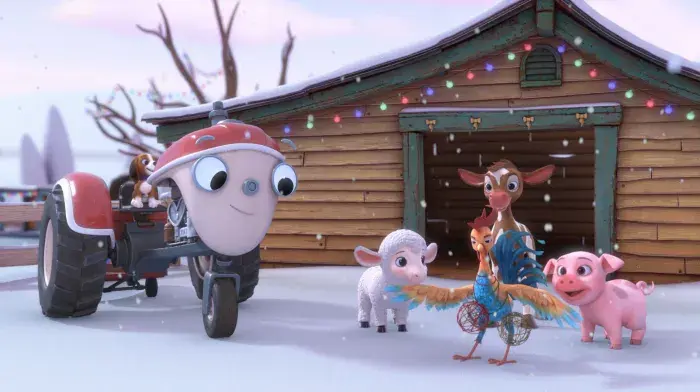 Otis and his friends standing on the snow in a wintery scene on the farm