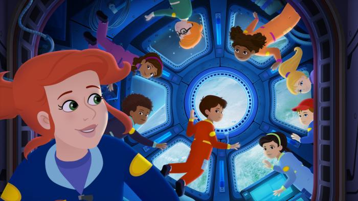 Magic School Bus: Rides Again: Ms. Frizzle and students travel through a glowing blue tunnel.
