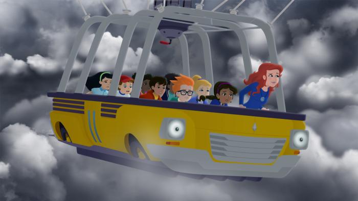 Magic School Bus: Rides Again: The bus flies through stormy clouds with students inside.