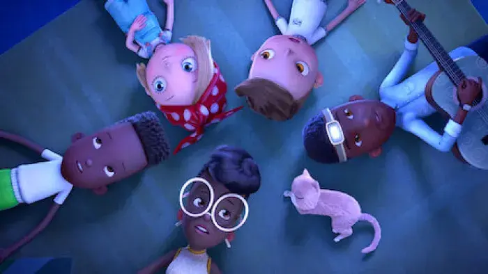 Ada Twist's mom, dad and brother and her friends Rosie and Iggy along with her cat Mooshu are lying on the floor in a circle looking up. It is nighttime.