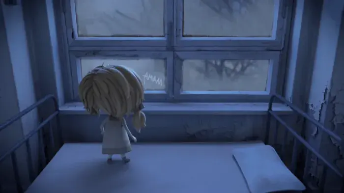 Anya standing by a large window, looking outside at night.