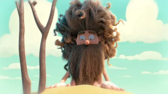 A still from the short film An Ode to Love, showing a man deserted on a beach