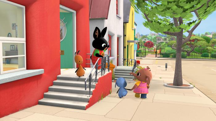 Bing Bunny and friends standing on the steps in front of his home