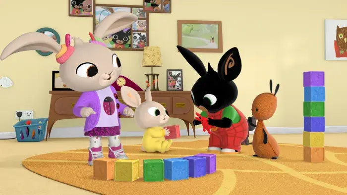 Bing and friends playing with some coloured blocks