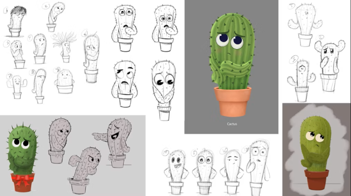 A behind-the-scenes still featuring some 2D designs and colour work for the Cactus character from the animated short Pins and Needles