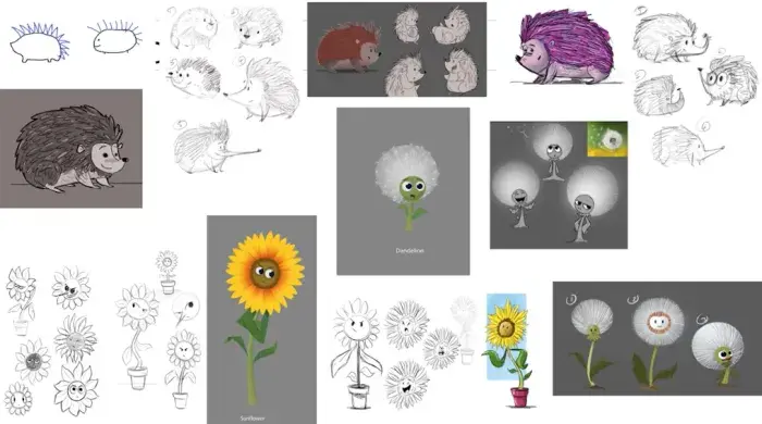 A behind-the-scenes still featuring some 2D designs and colour work for the hedgehog and dandelion characters from the animated short Pins and Needles