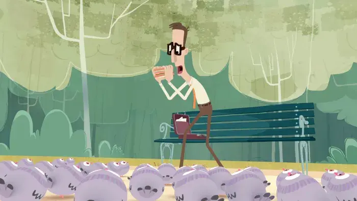A still from the animated short film Bird Food showing a man standing beside a bench in a park holding his sandwich surrounded by pigeons